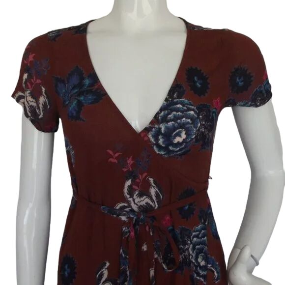 BILLABONG Wrap Dress, S, Rust/Multicolor Floral, Short sleeve, Rayon - Picture 2 of 15
